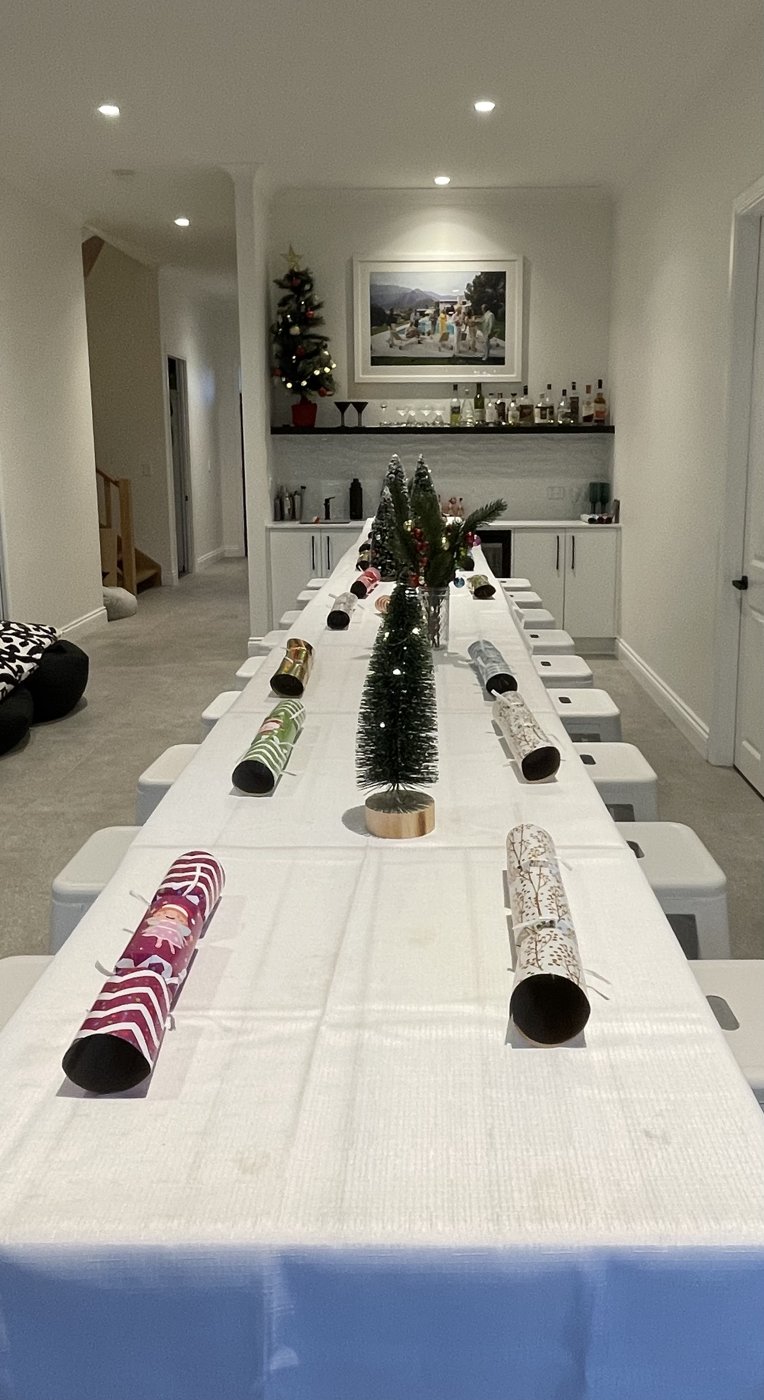 Long banquet table dressed with a white tablecloth and Christmas decorations for a festive party